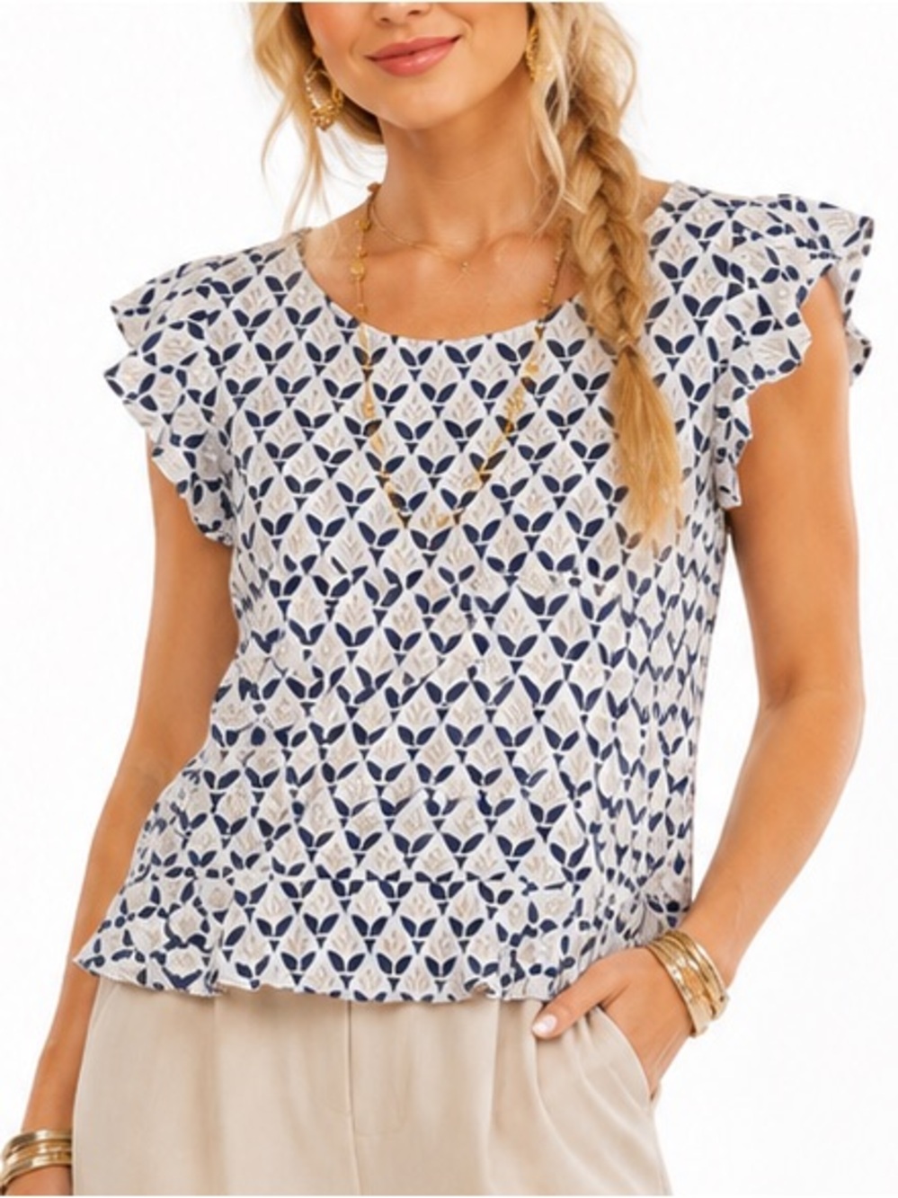 LOFT Navy and White Ruffle Sleeve Printed Blouse SZ SM EUC